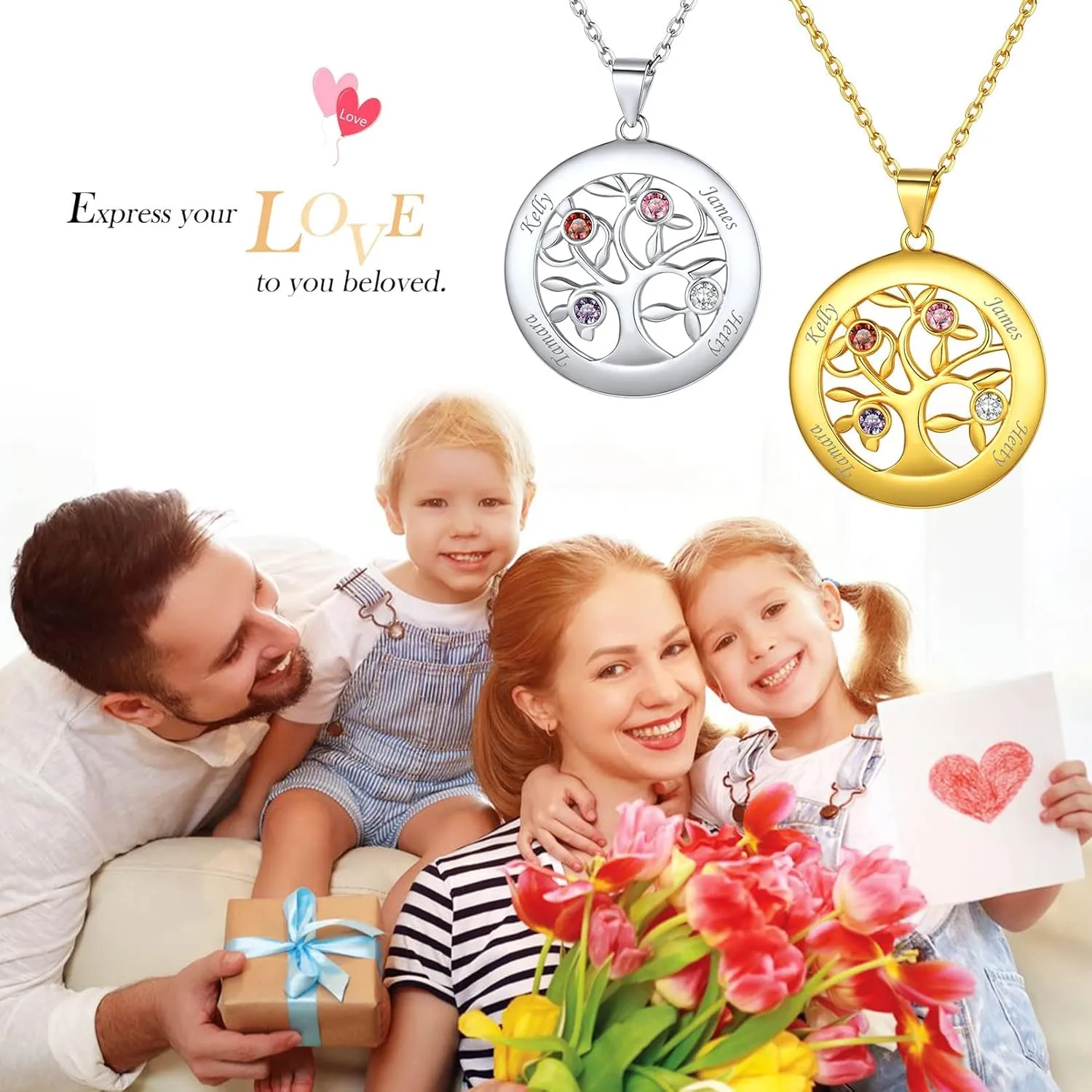 ChicSilver Sterling Silver Personalized Family Tree of Life Mothers Necklace with 2-7 Simulated Birthstones Names Engraved Womens Jewelry for Mom Grandma, Silver/Gold