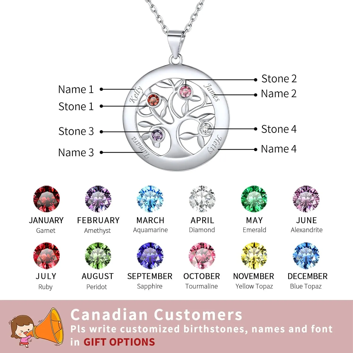 ChicSilver Sterling Silver Personalized Family Tree of Life Mothers Necklace with 2-7 Simulated Birthstones Names Engraved Womens Jewelry for Mom Grandma, Silver/Gold