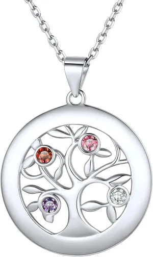 ChicSilver Sterling Silver Personalized Family Tree of Life Mothers Necklace with 2-7 Simulated Birthstones Names Engraved Womens Jewelry for Mom Grandma, Silver/Gold