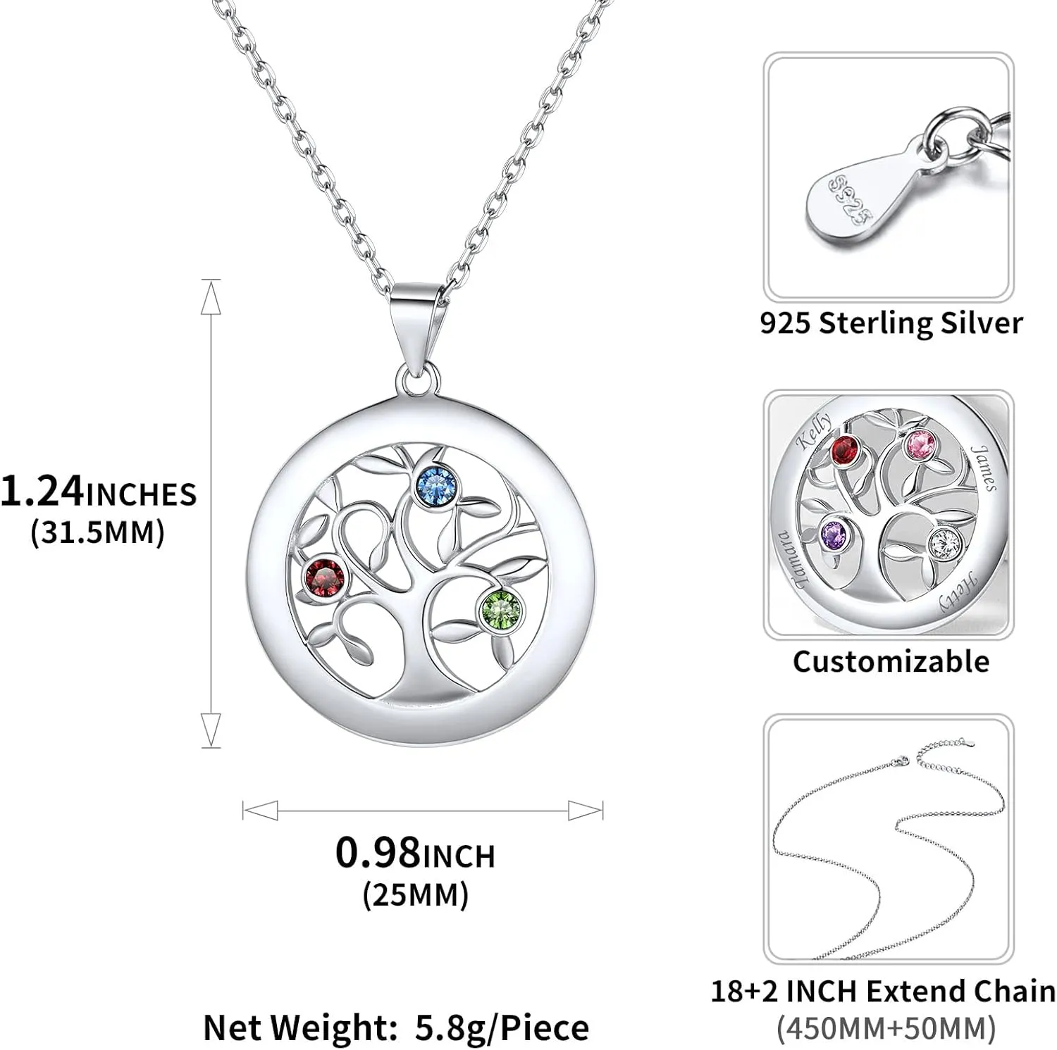 ChicSilver Sterling Silver Personalized Family Tree of Life Mothers Necklace with 2-7 Simulated Birthstones Names Engraved Womens Jewelry for Mom Grandma, Silver/Gold