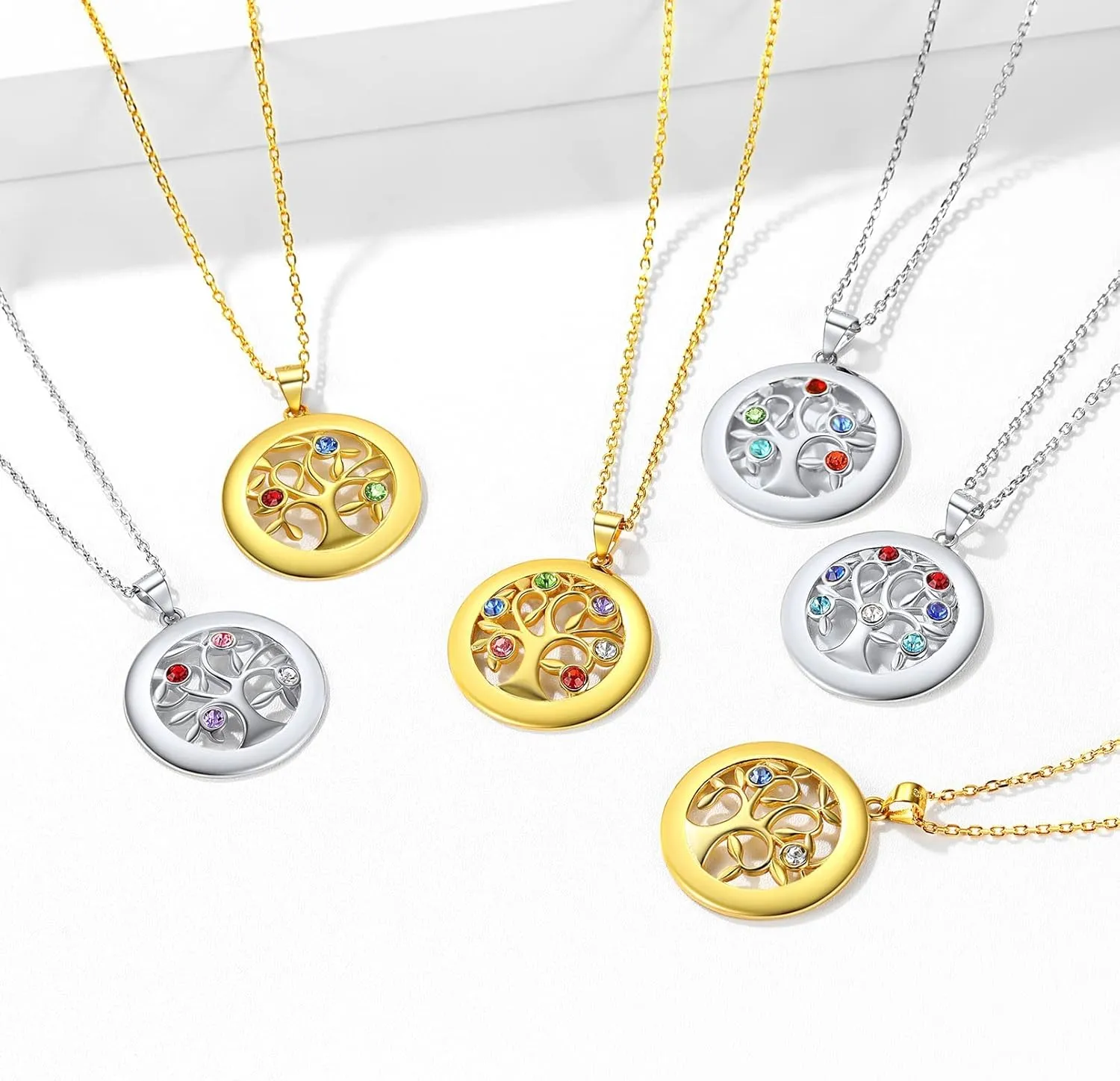 ChicSilver Sterling Silver Personalized Family Tree of Life Mothers Necklace with 2-7 Simulated Birthstones Names Engraved Womens Jewelry for Mom Grandma, Silver/Gold