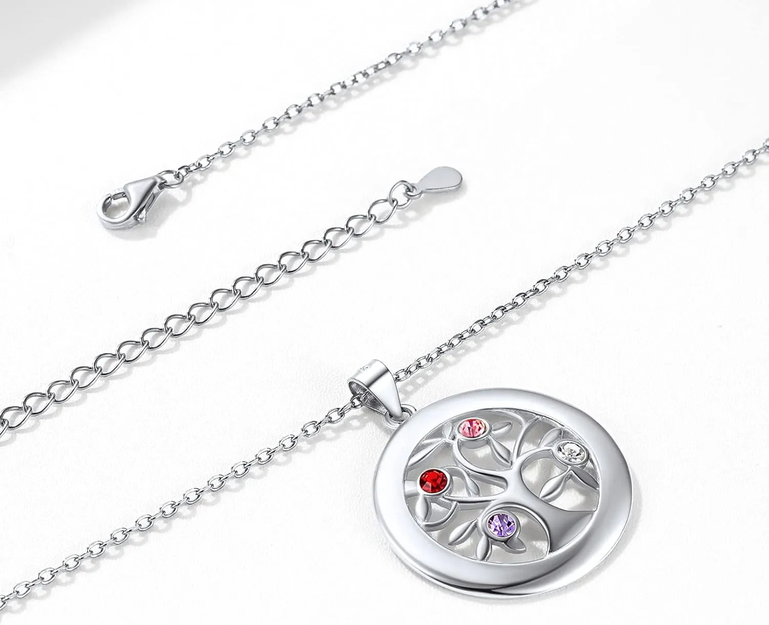 ChicSilver Sterling Silver Personalized Family Tree of Life Mothers Necklace with 2-7 Simulated Birthstones Names Engraved Womens Jewelry for Mom Grandma, Silver/Gold
