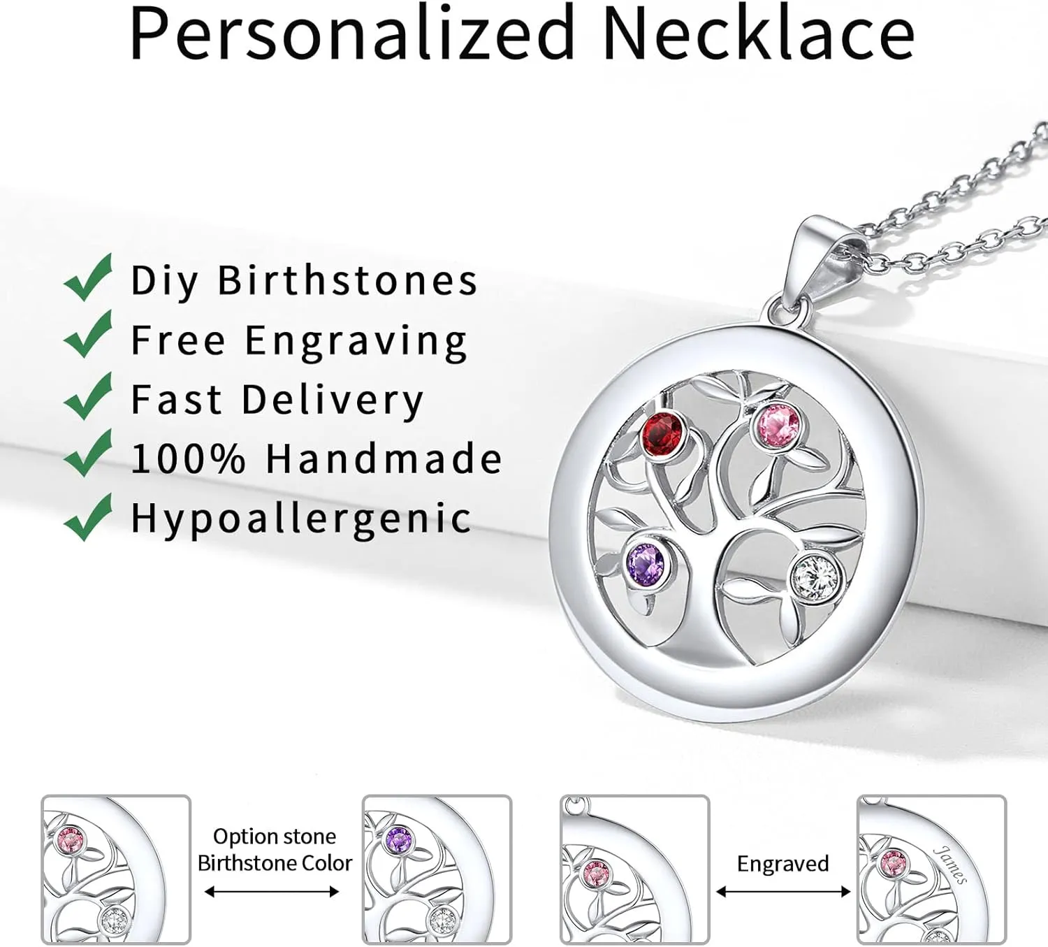 ChicSilver Sterling Silver Personalized Family Tree of Life Mothers Necklace with 2-7 Simulated Birthstones Names Engraved Womens Jewelry for Mom Grandma, Silver/Gold
