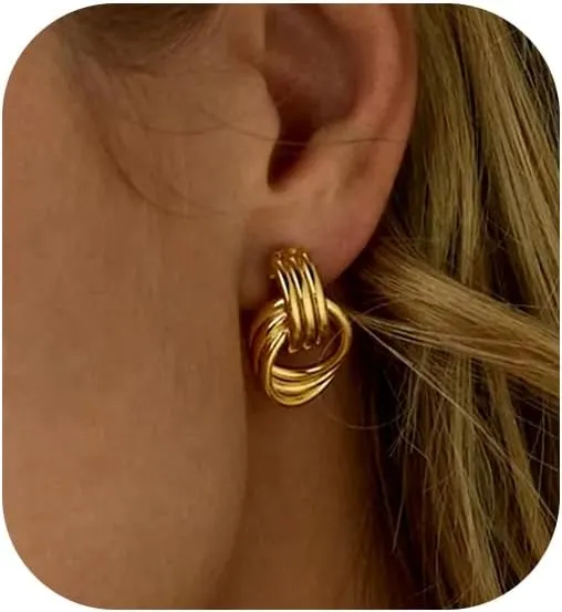 Chunky Gold Earrings for Women, 14k Gold Plated Statement Geometric Round Stud Earrings Hypoallergenic Gold Earrings for Women Trendy Thick Chunky Stud Earrings Fashion Gold Jewelry for Women