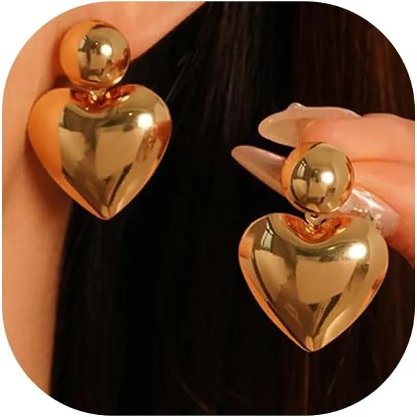 Chunky Gold Heart Drop Dangle Earrings for Women,Lightweight Silver Love Thick Metal Dangling Stud Earrings,Minimalist Statement Jewelry Gifts