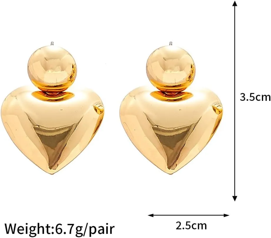 Chunky Gold Heart Drop Dangle Earrings for Women,Lightweight Silver Love Thick Metal Dangling Stud Earrings,Minimalist Statement Jewelry Gifts