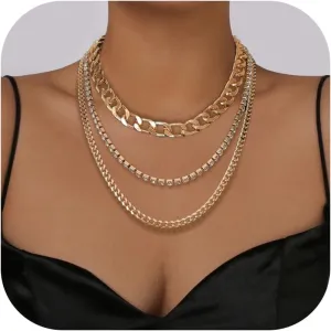 Chunky Gold Necklaces for Women Multilayer Punk 80s Hip Hop Necklace Layered Cuban Link Chain Tennis Statement Necklace Set 3 Pcs