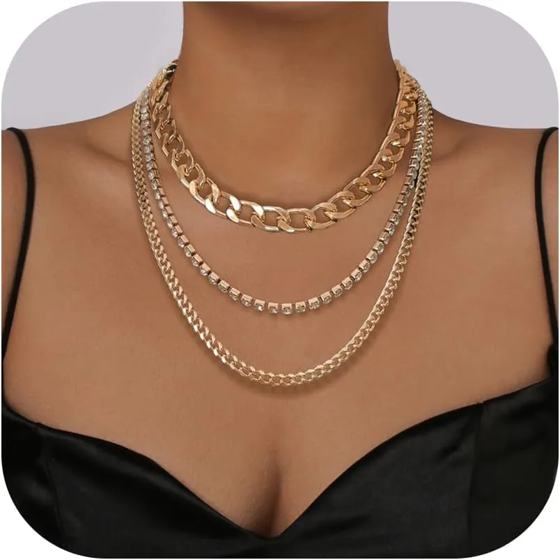 Chunky Gold Necklaces for Women Multilayer Punk 80s Hip Hop Necklace Layered Cuban Link Chain Tennis Statement Necklace Set 3 Pcs