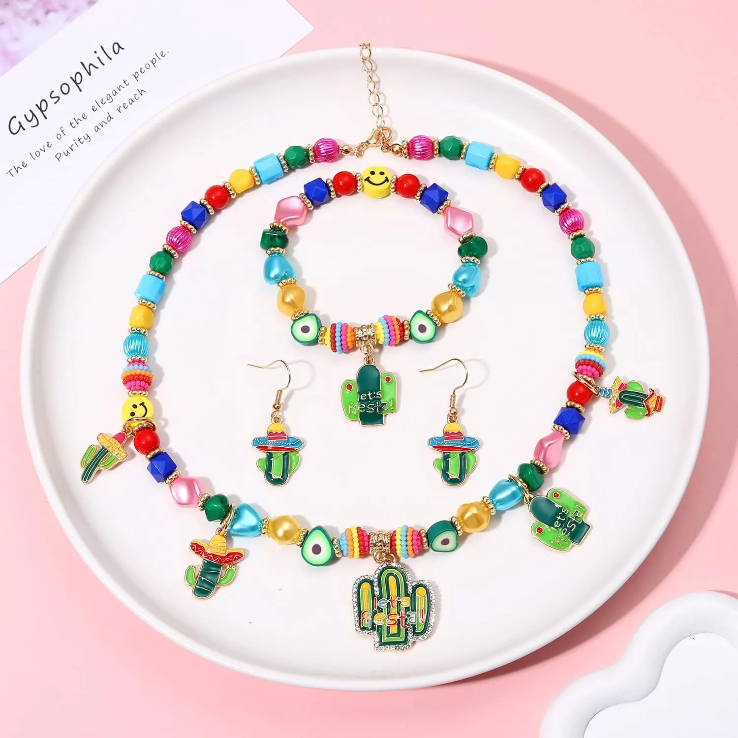 Cinco De Mayo Jewelry Set for Women Beaded Mexican Fiesta Necklace Bracelet Earrings Chocker Collar Necklace Fiesta Charm Stretch Bracelets Cactus Sombrero Chili Pepper Dangle Earrings Carnival Gift