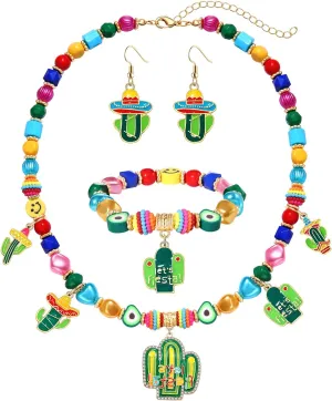 Cinco De Mayo Jewelry Set for Women Beaded Mexican Fiesta Necklace Bracelet Earrings Chocker Collar Necklace Fiesta Charm Stretch Bracelets Cactus Sombrero Chili Pepper Dangle Earrings Carnival Gift
