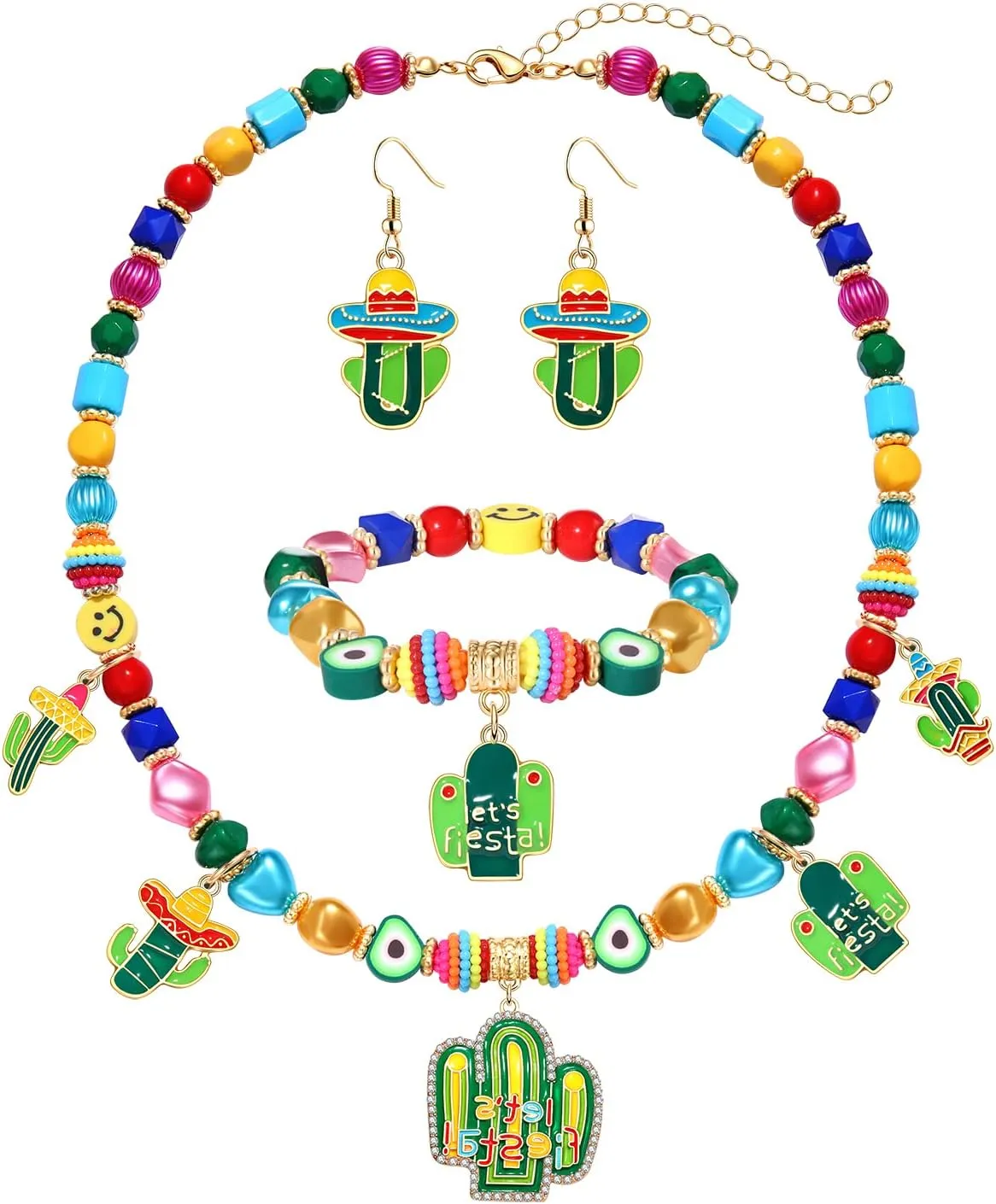 Cinco De Mayo Jewelry Set for Women Beaded Mexican Fiesta Necklace Bracelet Earrings Chocker Collar Necklace Fiesta Charm Stretch Bracelets Cactus Sombrero Chili Pepper Dangle Earrings Carnival Gift