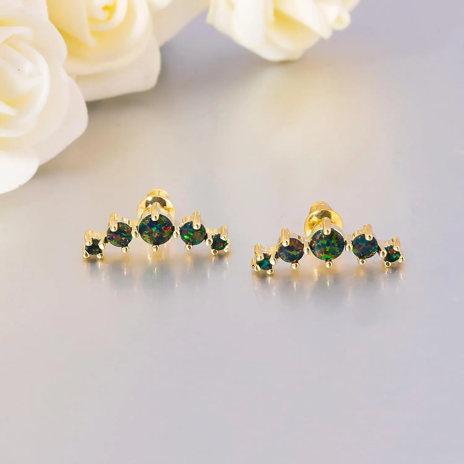 CiNily Opal Ear Crawler Earrings, 14K Gold Plated Cuff Climber Earrings Small Flat Back Stud Earrings Fashion Jewelry Mothers Day Gifts for Women Girls Hypoallergenic, White Gold, Rose Gold