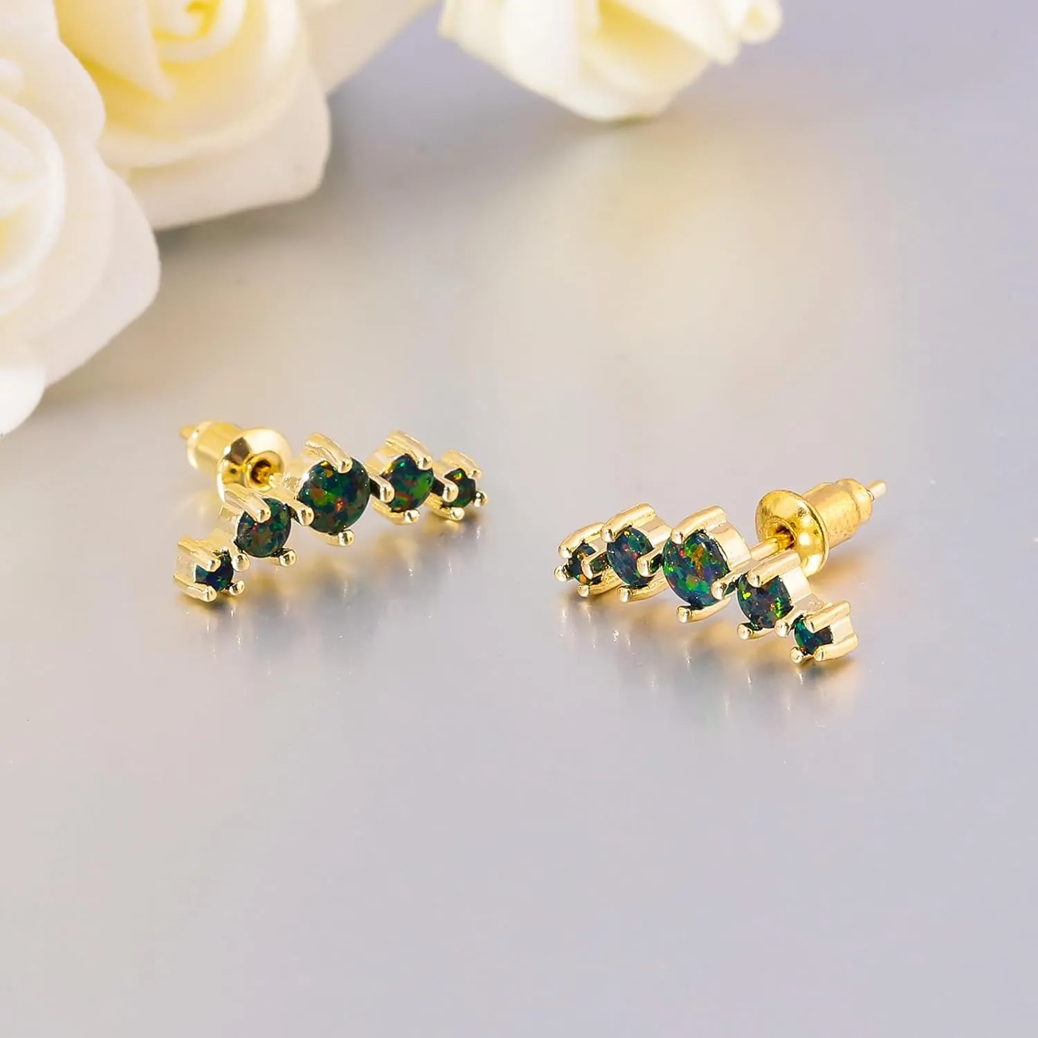 CiNily Opal Ear Crawler Earrings, 14K Gold Plated Cuff Climber Earrings Small Flat Back Stud Earrings Fashion Jewelry Mothers Day Gifts for Women Girls Hypoallergenic, White Gold, Rose Gold
