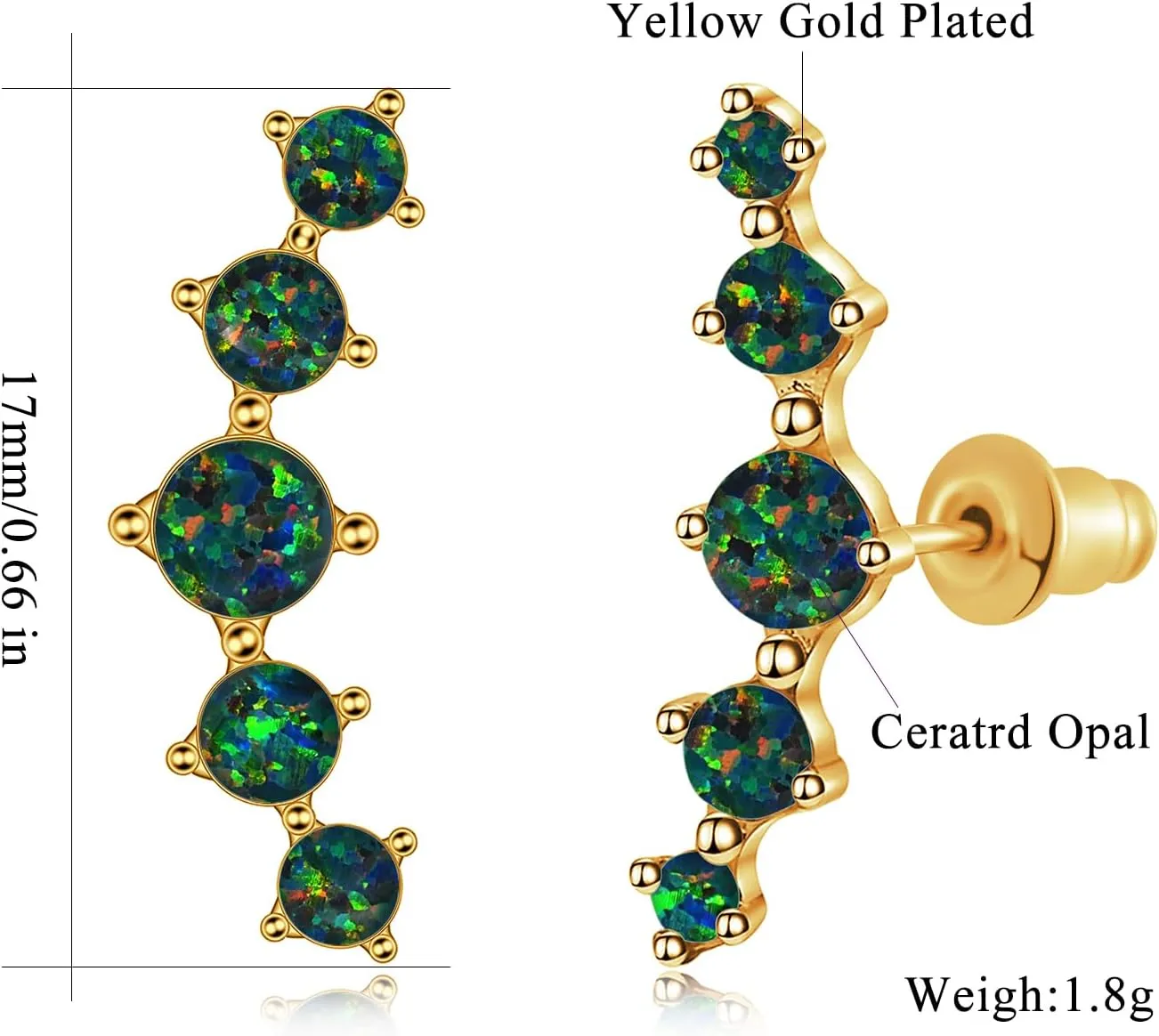 CiNily Opal Ear Crawler Earrings, 14K Gold Plated Cuff Climber Earrings Small Flat Back Stud Earrings Fashion Jewelry Mothers Day Gifts for Women Girls Hypoallergenic, White Gold, Rose Gold