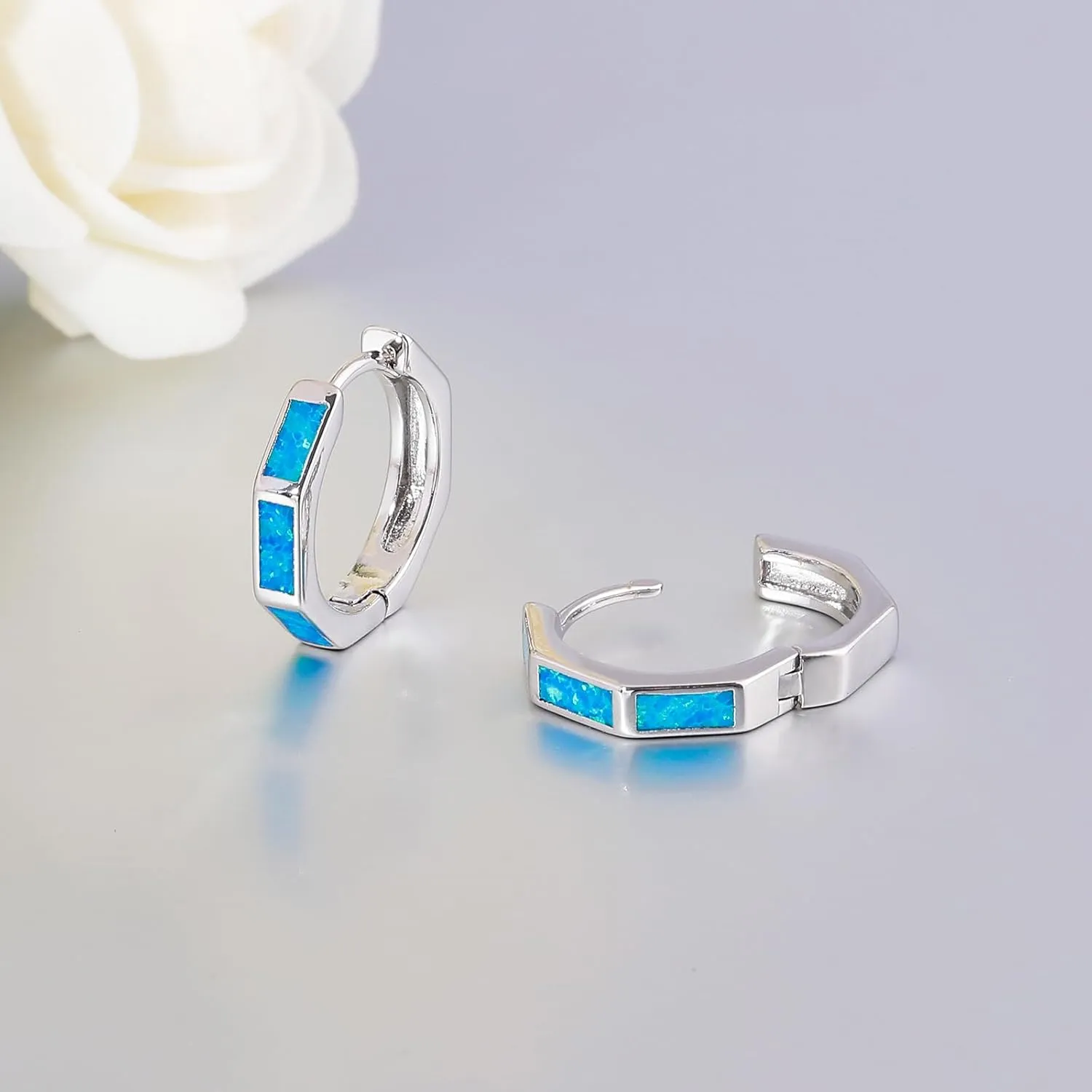 CiNily Opal Hoop Earrings for Women, Hexagon Huggie Earrings 14K White/Black/Gold Plated Hypoallergenic | Mini Hoop Earrings | Small Hoops for Sensitive Ear Christmas Halloween Jewelry Gifts