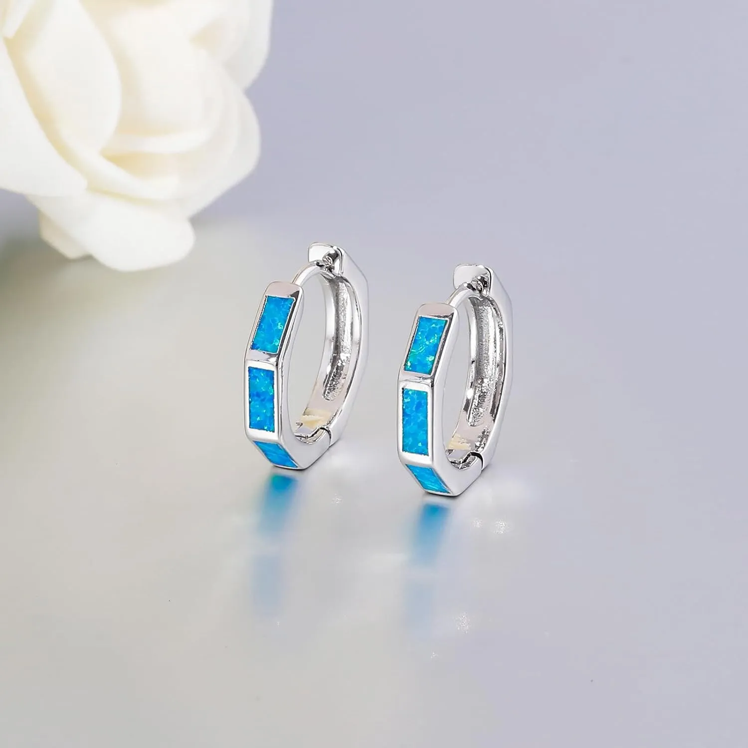 CiNily Opal Hoop Earrings for Women, Hexagon Huggie Earrings 14K White/Black/Gold Plated Hypoallergenic | Mini Hoop Earrings | Small Hoops for Sensitive Ear Christmas Halloween Jewelry Gifts