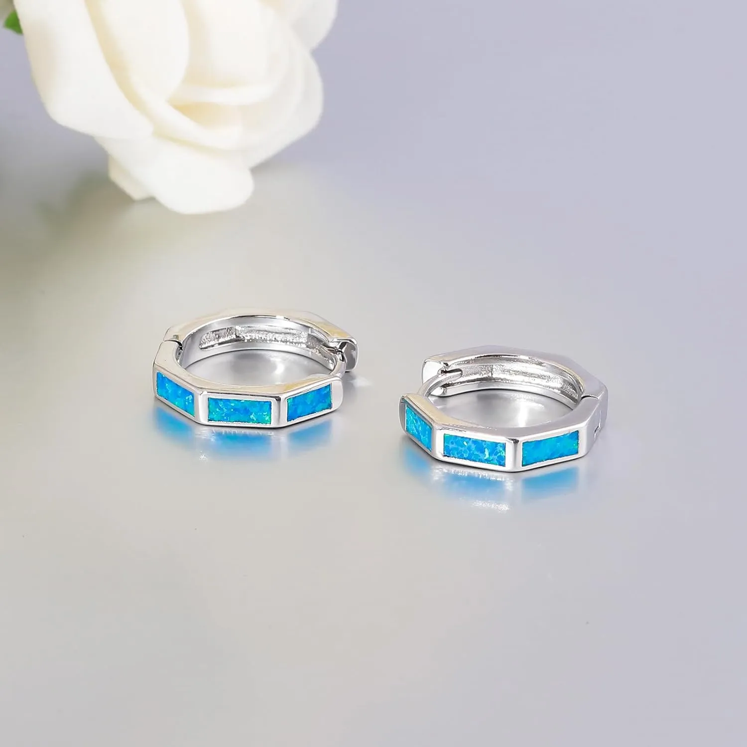 CiNily Opal Hoop Earrings for Women, Hexagon Huggie Earrings 14K White/Black/Gold Plated Hypoallergenic | Mini Hoop Earrings | Small Hoops for Sensitive Ear Christmas Halloween Jewelry Gifts