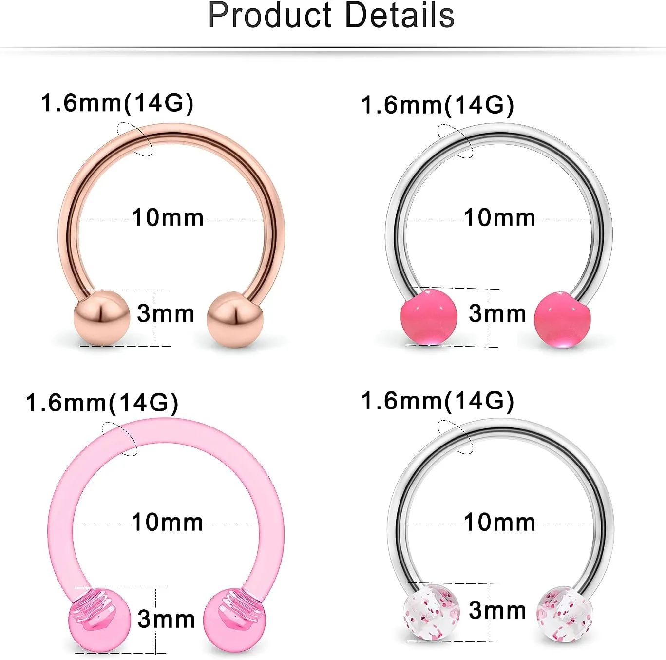 Cisyozi 16G 14G Septum Rings 316L Surgical Steel Lip Rings Septum Nose Rings Horseshoes Cartilage Helix Tragus Rook Daith Earrings Hoop Smiley Piercing Jewelry for Women Men 8mm 10mm