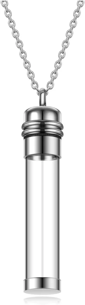 Clear Glass Tube Cremation Urn Necklace for Ashes Stainless Steel Cylinder Urn Necklace Keepsake Cremation Ashes Necklace Memorial Jewelry for Men Women