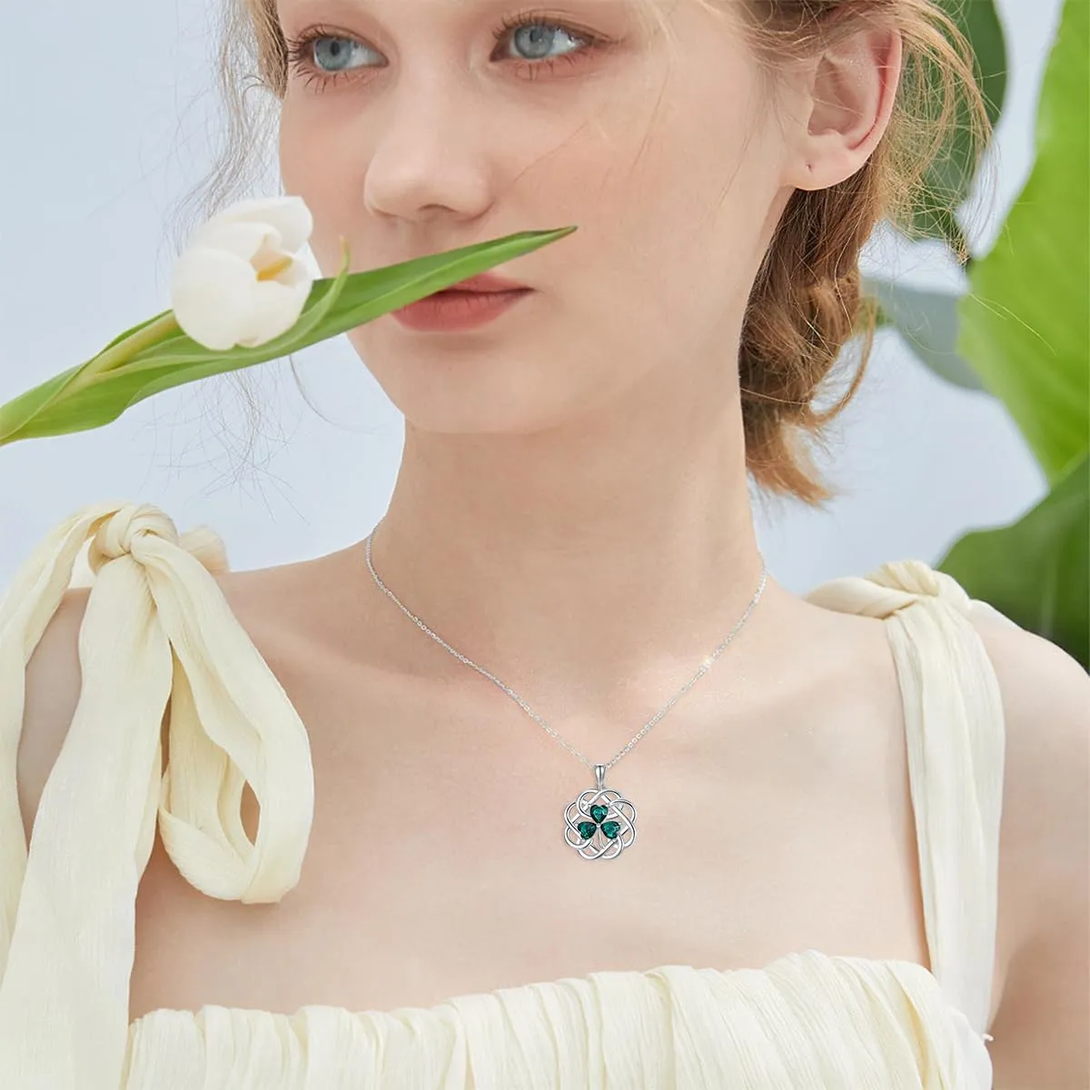 Clover Necklace Sterling Silver Celtic Green Shamrock Pendant Necklaces Irish Jewelry St Patricks Day Gifts for Women
