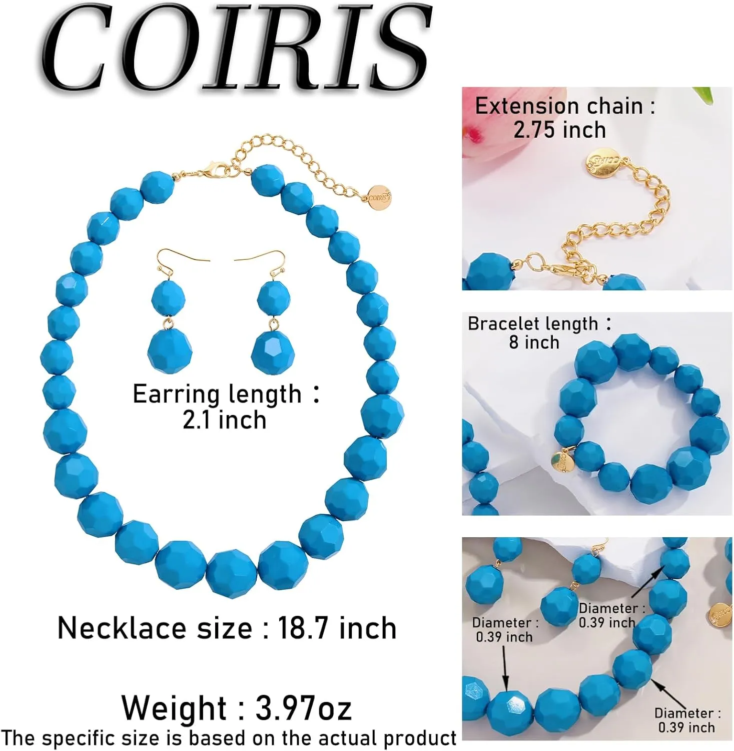 Coiris Chunky Acrylic Beads Strand Necklaces Set Statement Geometric Beads Necklace Bracelet Earrings Acrylic African Beaded Necklace for Accessory Jewelry