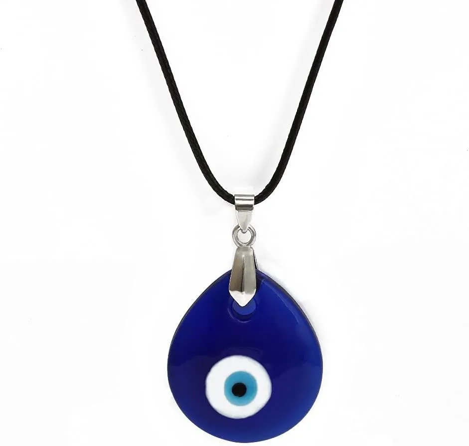 COLORFUL BLING Blue Turkish Glass Evil Eye Pendant Necklace Set Glass Leather Rope Hamsa Hand for Women Men Lucky Protection Wealth Amulet Jewelry