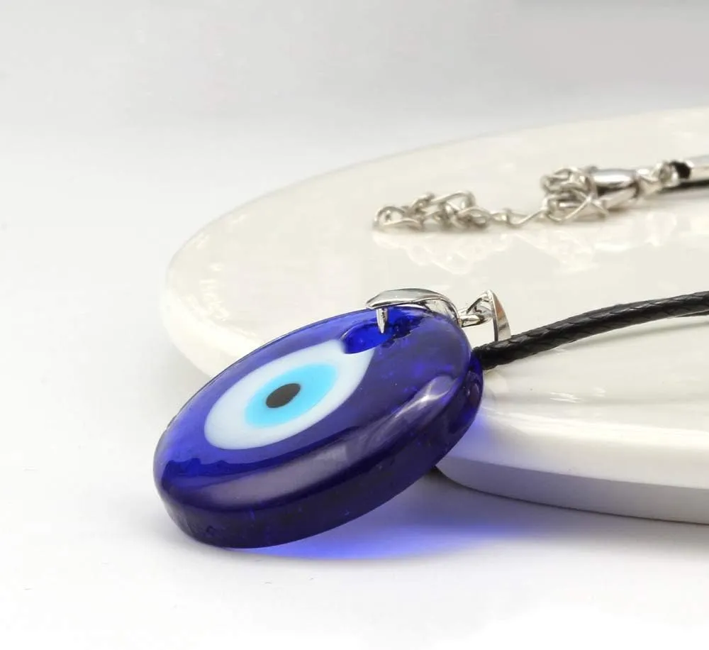 COLORFUL BLING Blue Turkish Glass Evil Eye Pendant Necklace Set Glass Leather Rope Hamsa Hand for Women Men Lucky Protection Wealth Amulet Jewelry