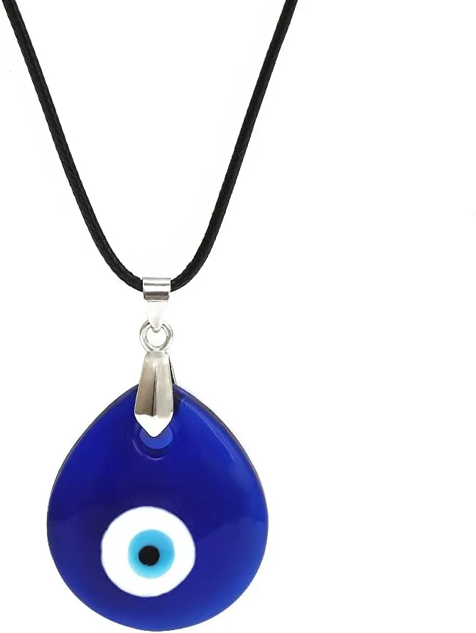 COLORFUL BLING Blue Turkish Glass Evil Eye Pendant Necklace Set Glass Leather Rope Hamsa Hand for Women Men Lucky Protection Wealth Amulet Jewelry
