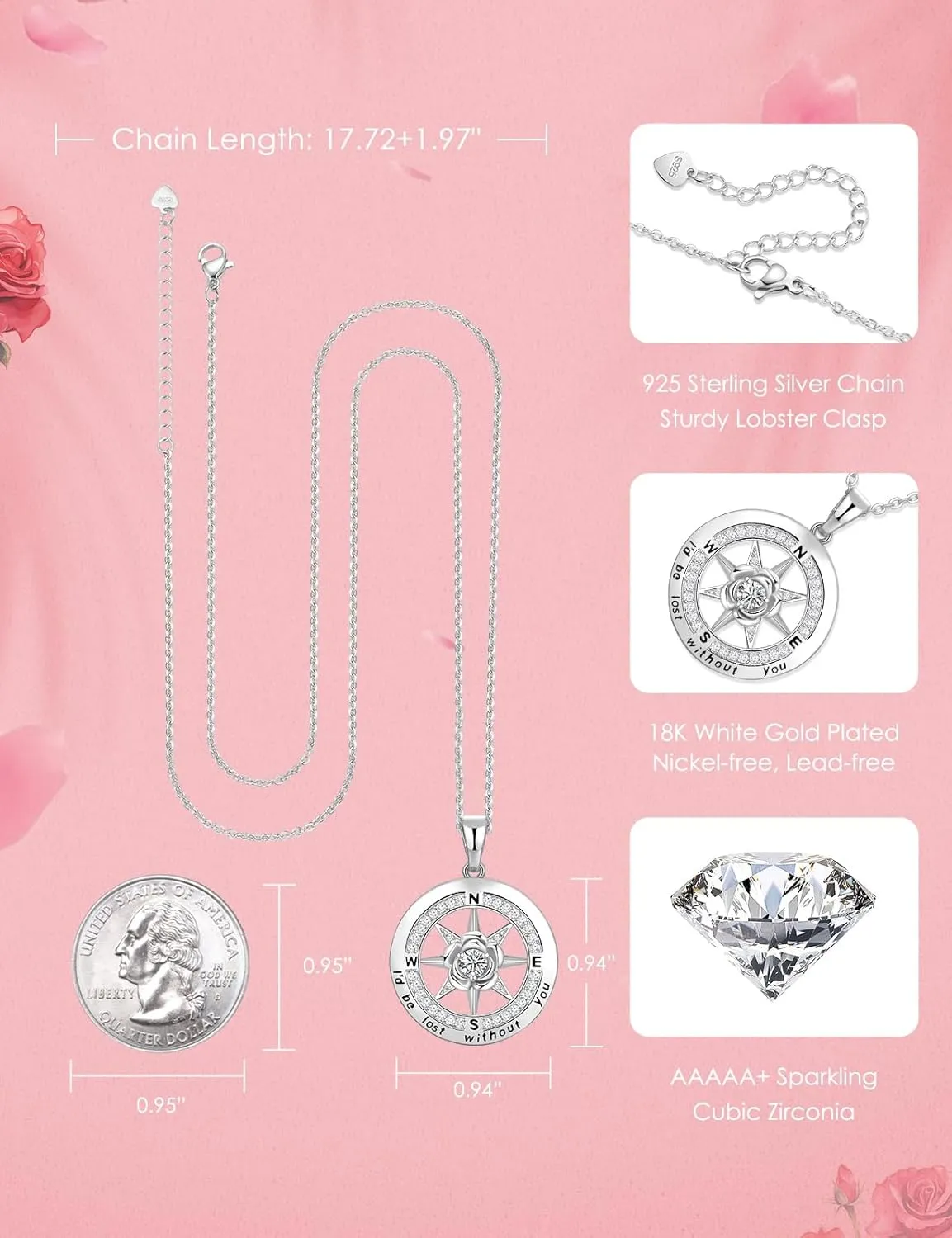 Compass Necklace for Women Rose Flower Birthstone Necklace Gifts for Wife Jewelry for Womens Girlfriend Mom Daughter