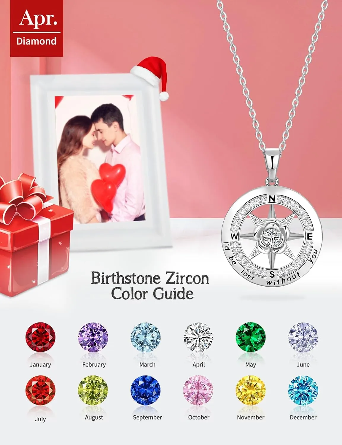 Compass Necklace for Women Rose Flower Birthstone Necklace Gifts for Wife Jewelry for Womens Girlfriend Mom Daughter