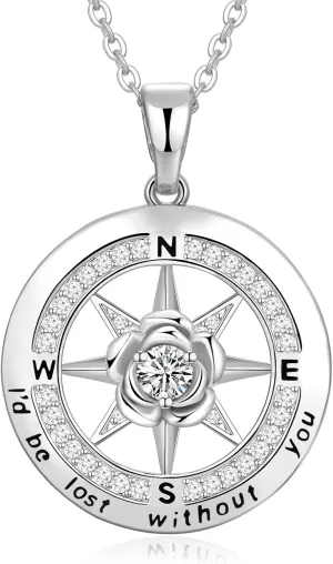 Compass Necklace for Women Rose Flower Birthstone Necklace Gifts for Wife Jewelry for Womens Girlfriend Mom Daughter