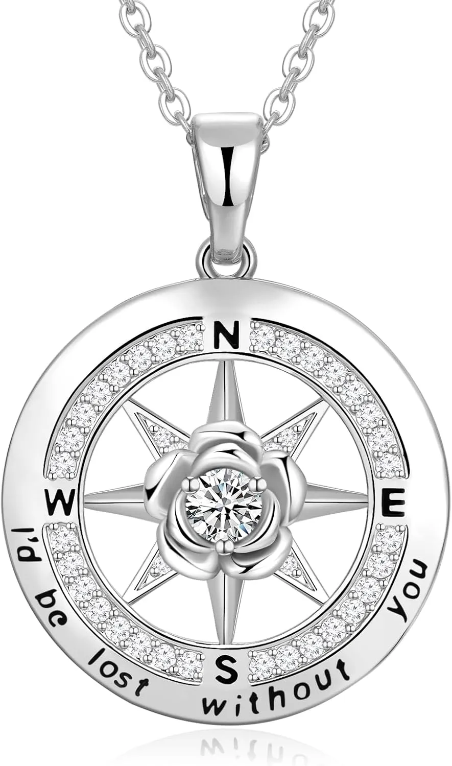 Compass Necklace for Women Rose Flower Birthstone Necklace Gifts for Wife Jewelry for Womens Girlfriend Mom Daughter