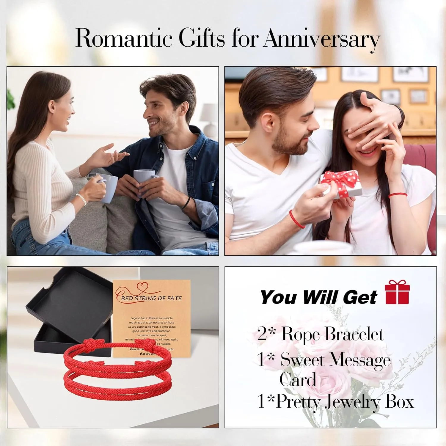 Couples Bracelets Boyfriend Gifts Matching Adjustable Rope Bracelet for Couples, Anniversary Birthday Christmas Gift for Him and Her