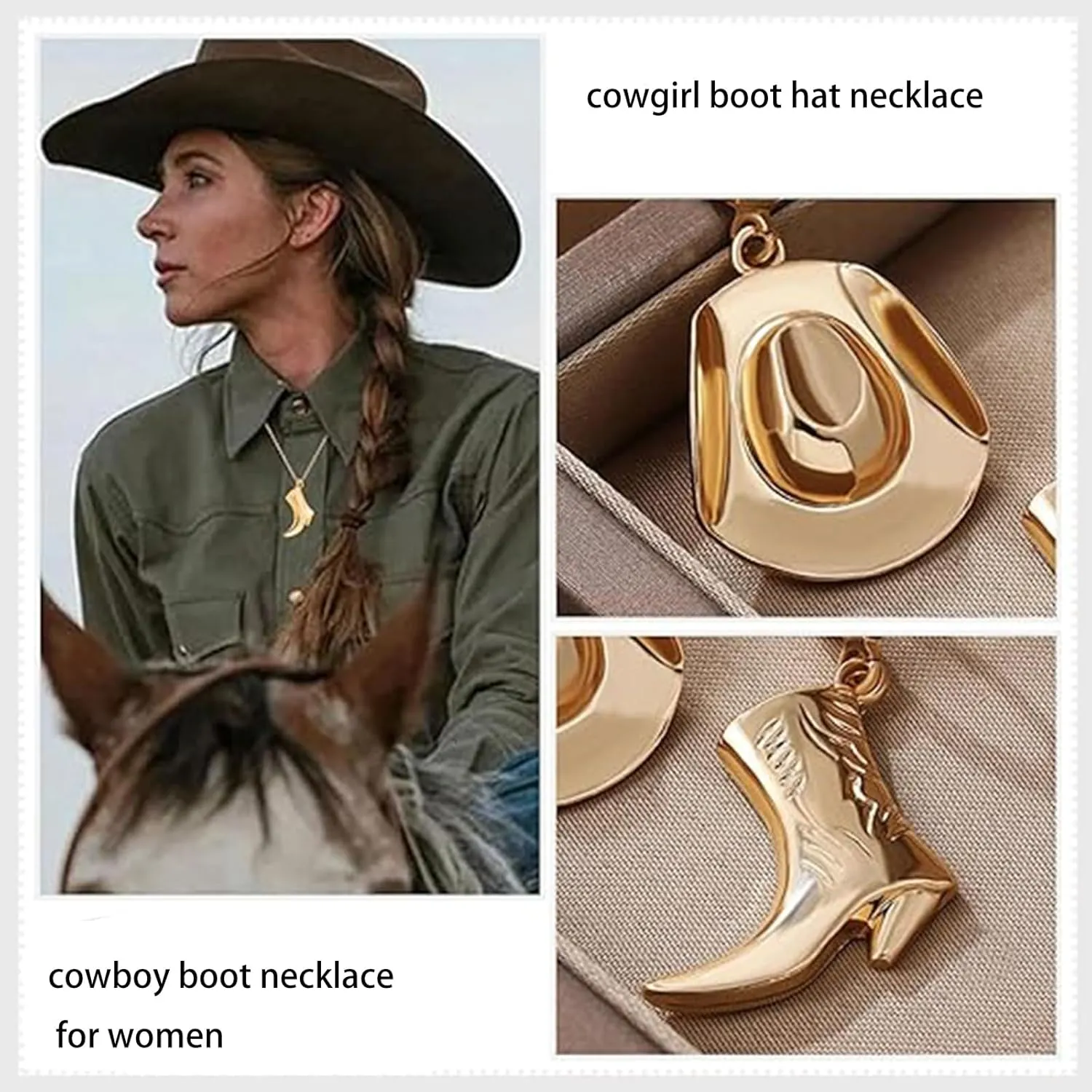 Cowboy Hat Boot Pendant Necklace for Women Layer Dainty Western Cowgirl Hat Boots Chain Gold Charm Necklace Shell Necklaces Summer Seashell Beach Surfer Jewelry Gift