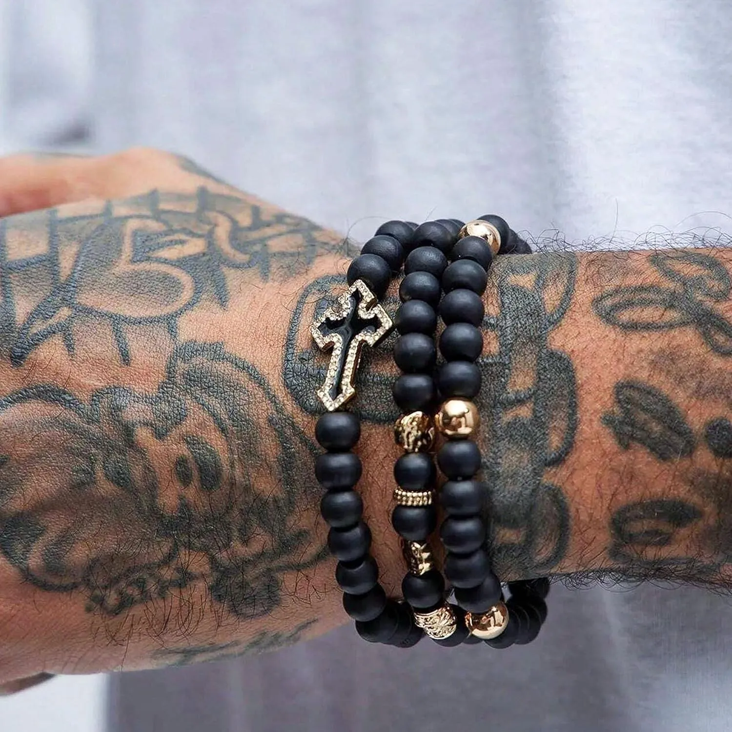 Cross Bracelet 6 mm Natural Stretch Adjustable Beaded Bracelets for Men
