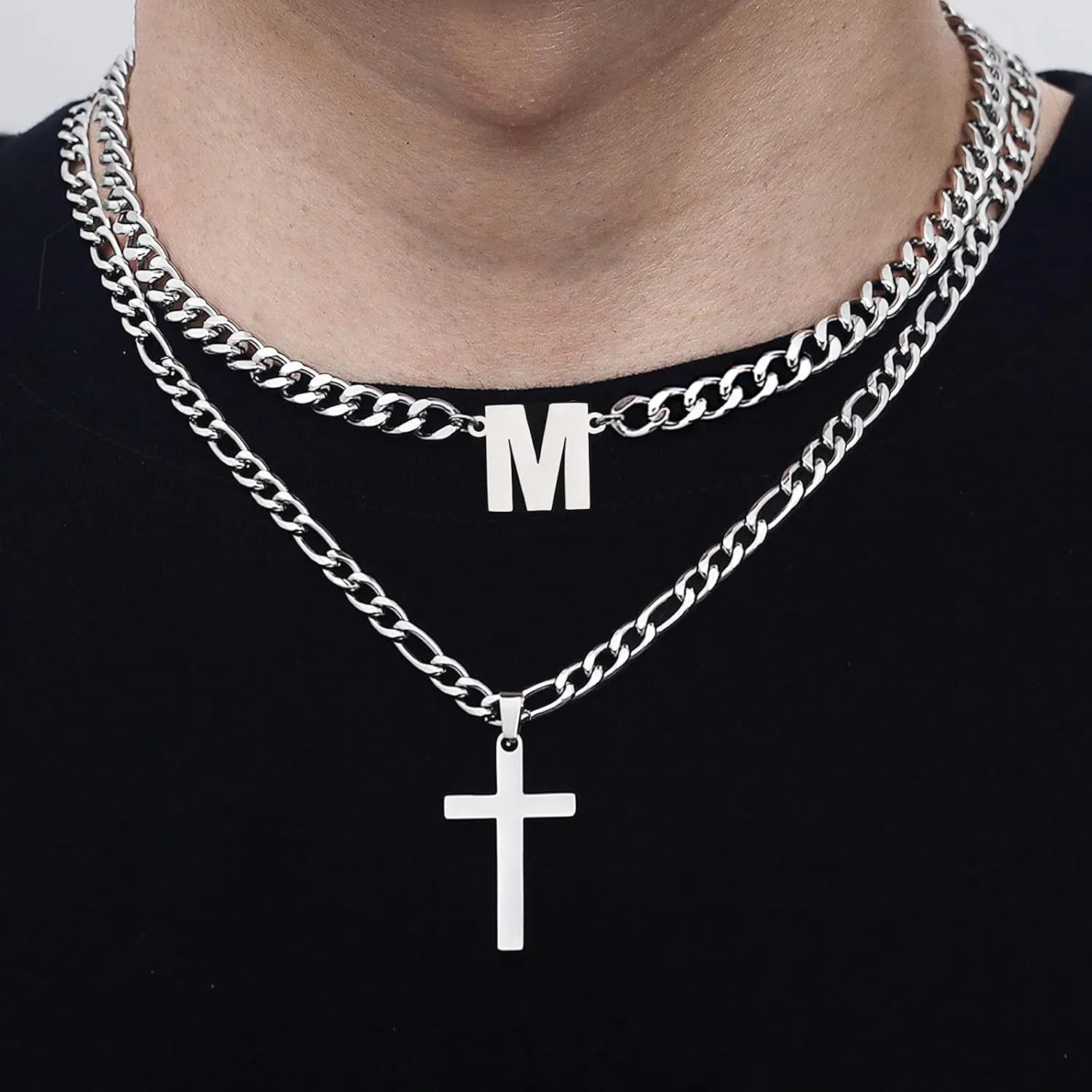 Cross Initial Necklace for Men Stainless Steel Silver Layered Cuban Figaro Link Chain Letter Christian Cross Pendant Initial A-Z Jewelry Gift for Husband Women