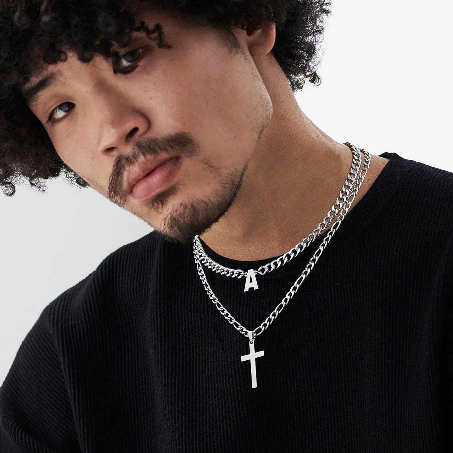 Cross Initial Necklace for Men Stainless Steel Silver Layered Cuban Figaro Link Chain Letter Christian Cross Pendant Initial A-Z Jewelry Gift for Husband Women