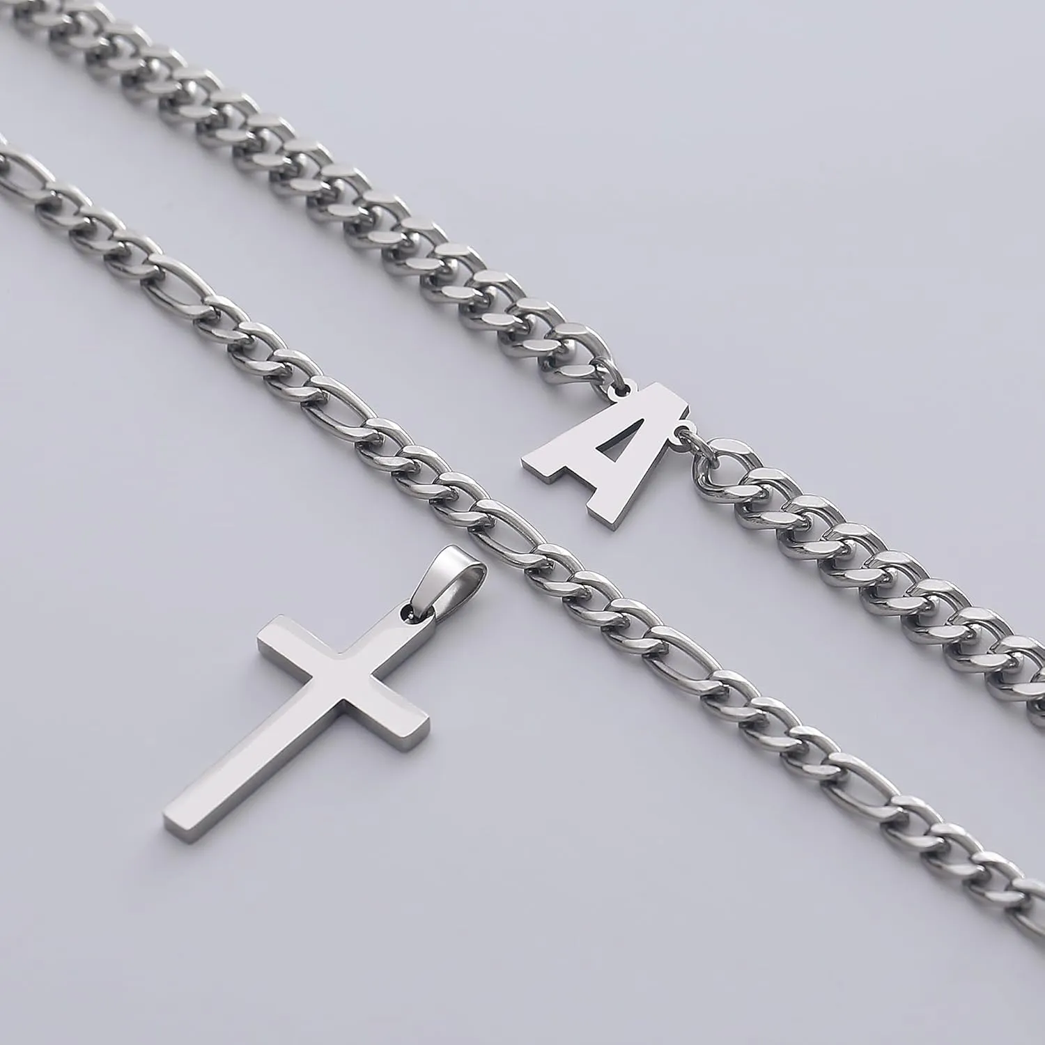 Cross Initial Necklace for Men Stainless Steel Silver Layered Cuban Figaro Link Chain Letter Christian Cross Pendant Initial A-Z Jewelry Gift for Husband Women