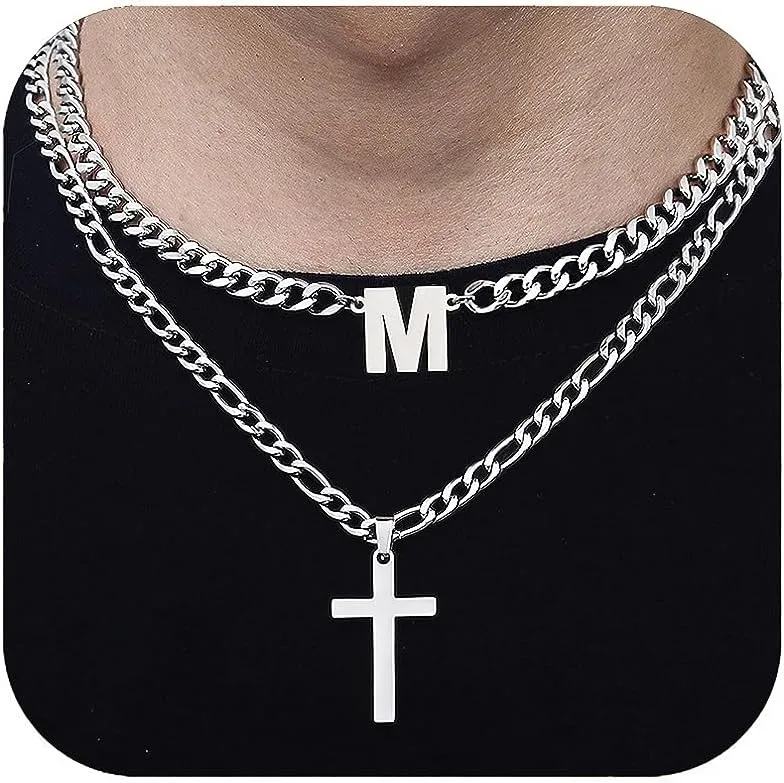 Cross Initial Necklace for Men Stainless Steel Silver Layered Cuban Figaro Link Chain Letter Christian Cross Pendant Initial A-Z Jewelry Gift for Husband Women