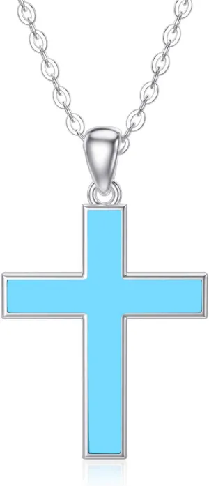 Cross Necklace for Women 925 Sterling Silver Minimalism Christian Cross Simulated Turquoise Pendant Necklace Silver Cross Turquoise Necklace Jewelry Gift for Women Mom Girls Ladies Her