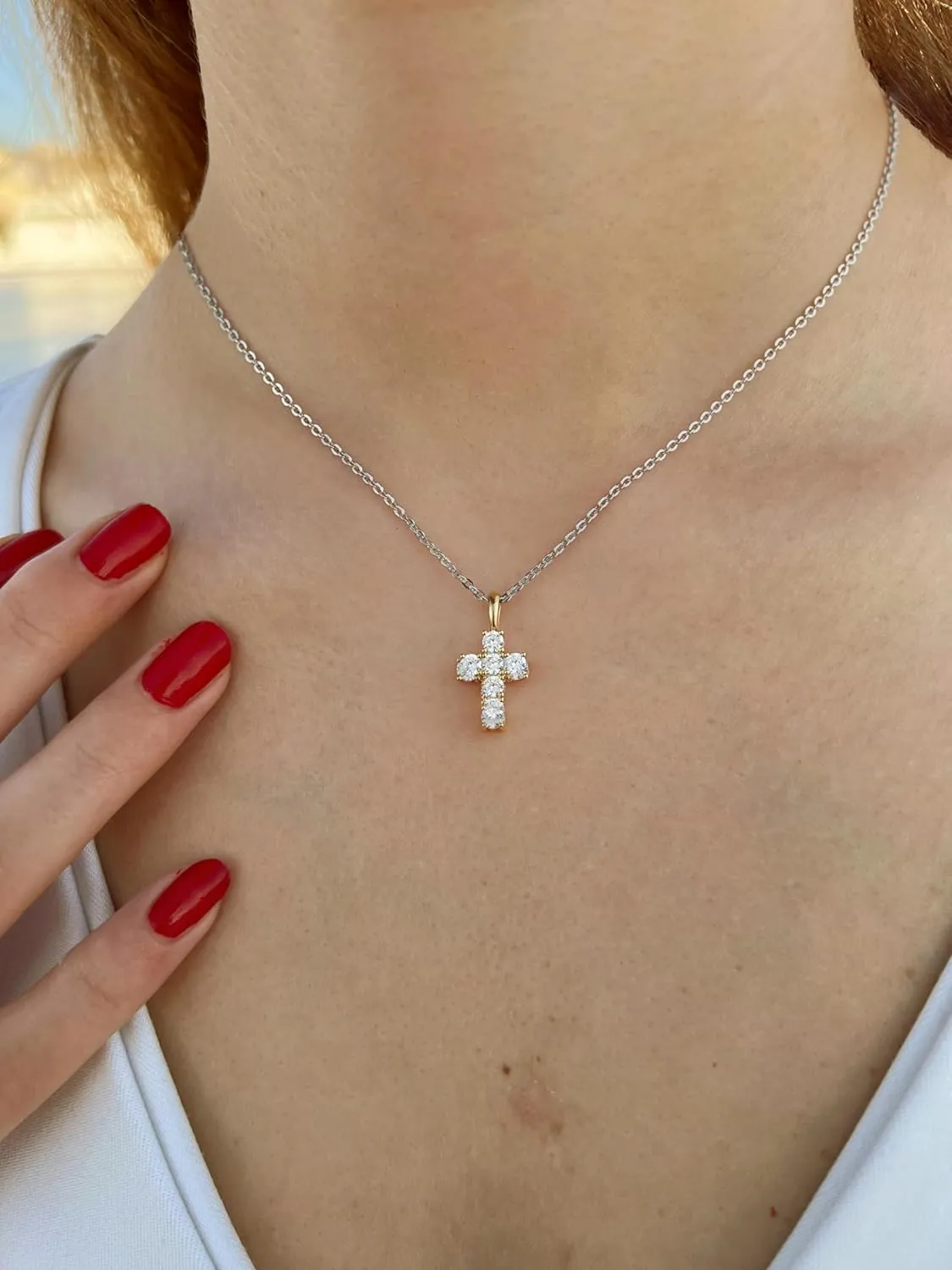 Cross Necklace for Women,18k Gold Plated 2 Tone Dainty Gold Necklace with Silver Chain