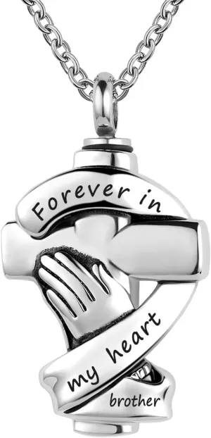 Cross Urn Necklaces for Ashes Praying Hands Cremation Memorial Stainless Steel Pendant Jewelry Forever in My Heart with Brother