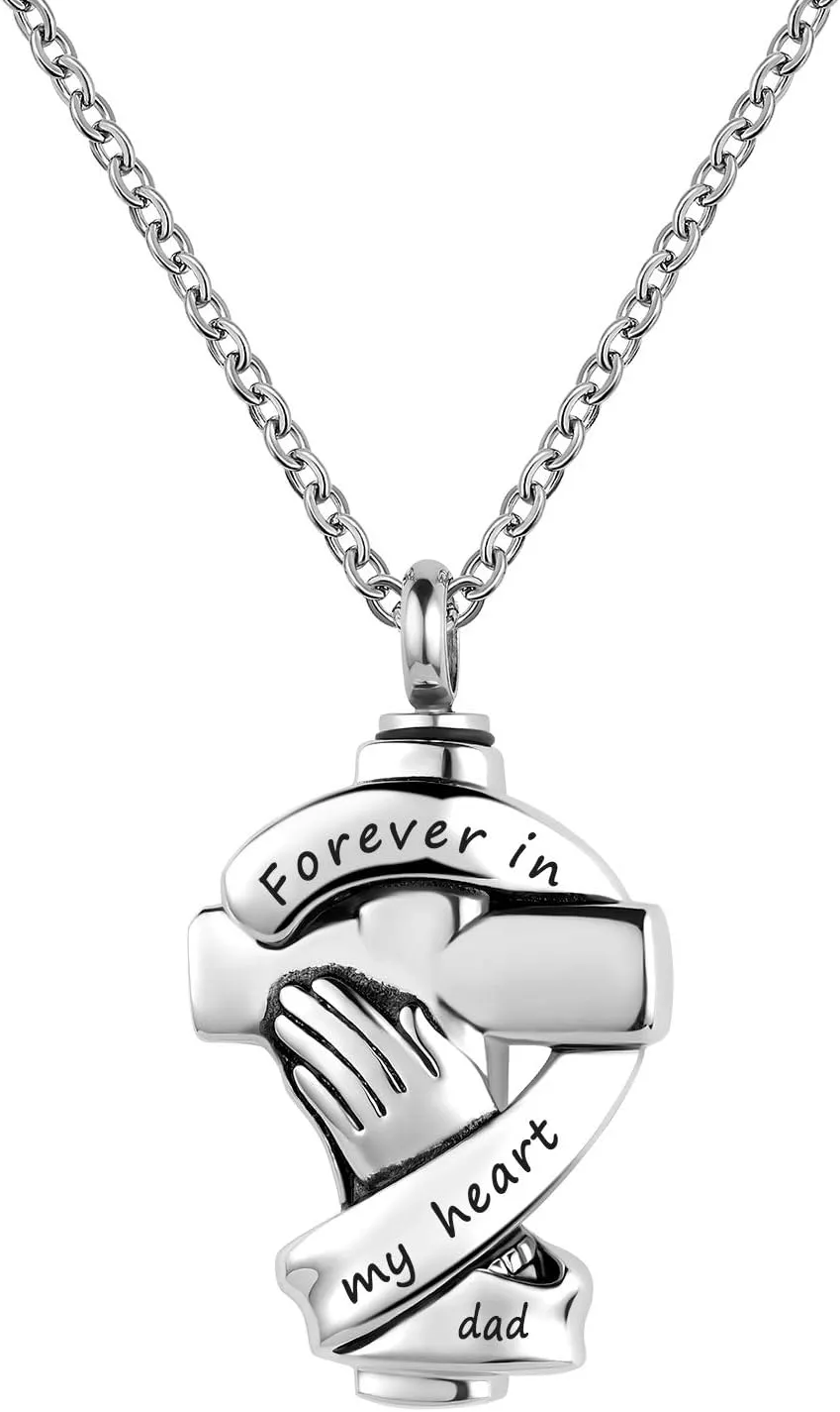 Cross Urn Necklaces for Ashes Praying Hands Cremation Memorial Stainless Steel Pendant Jewelry Forever in My Heart with Dad