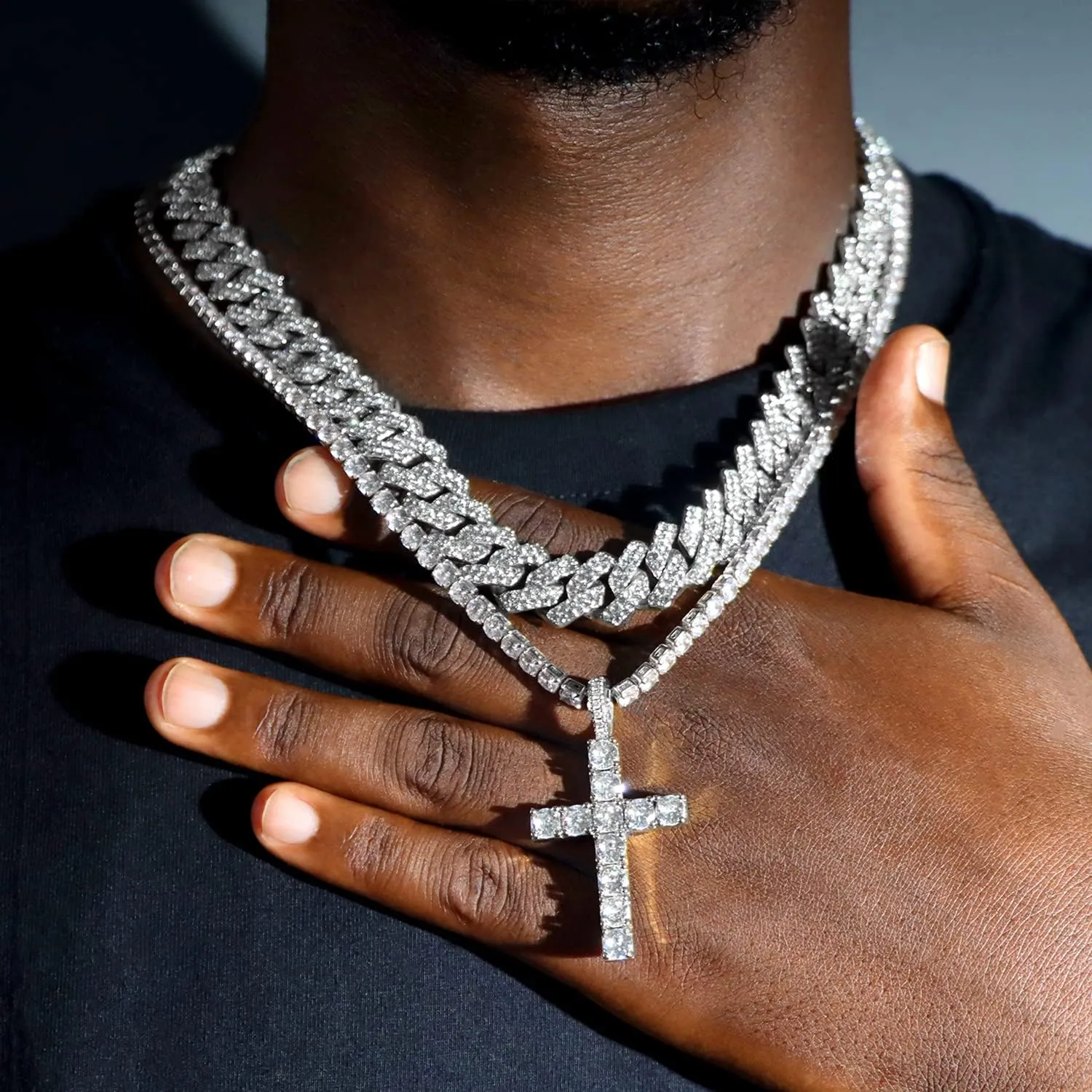 Cuban Link Chain for Men Women Cross Necklace for Men women Iced Chain Miami Cuban Link Chain Cross Pendant Diamond Chain for Men Religious Jewelry