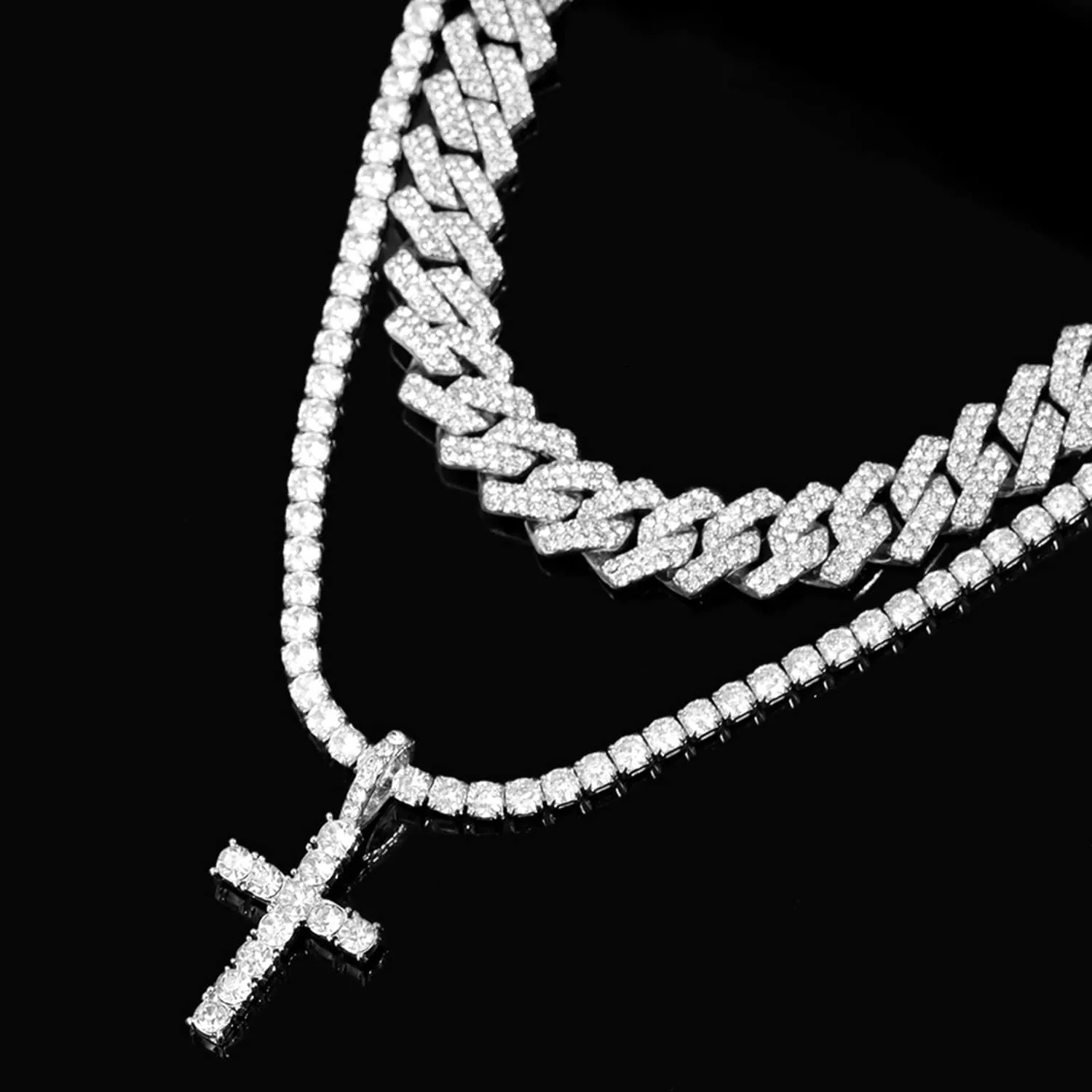 Cuban Link Chain for Men Women Cross Necklace for Men women Iced Chain Miami Cuban Link Chain Cross Pendant Diamond Chain for Men Religious Jewelry