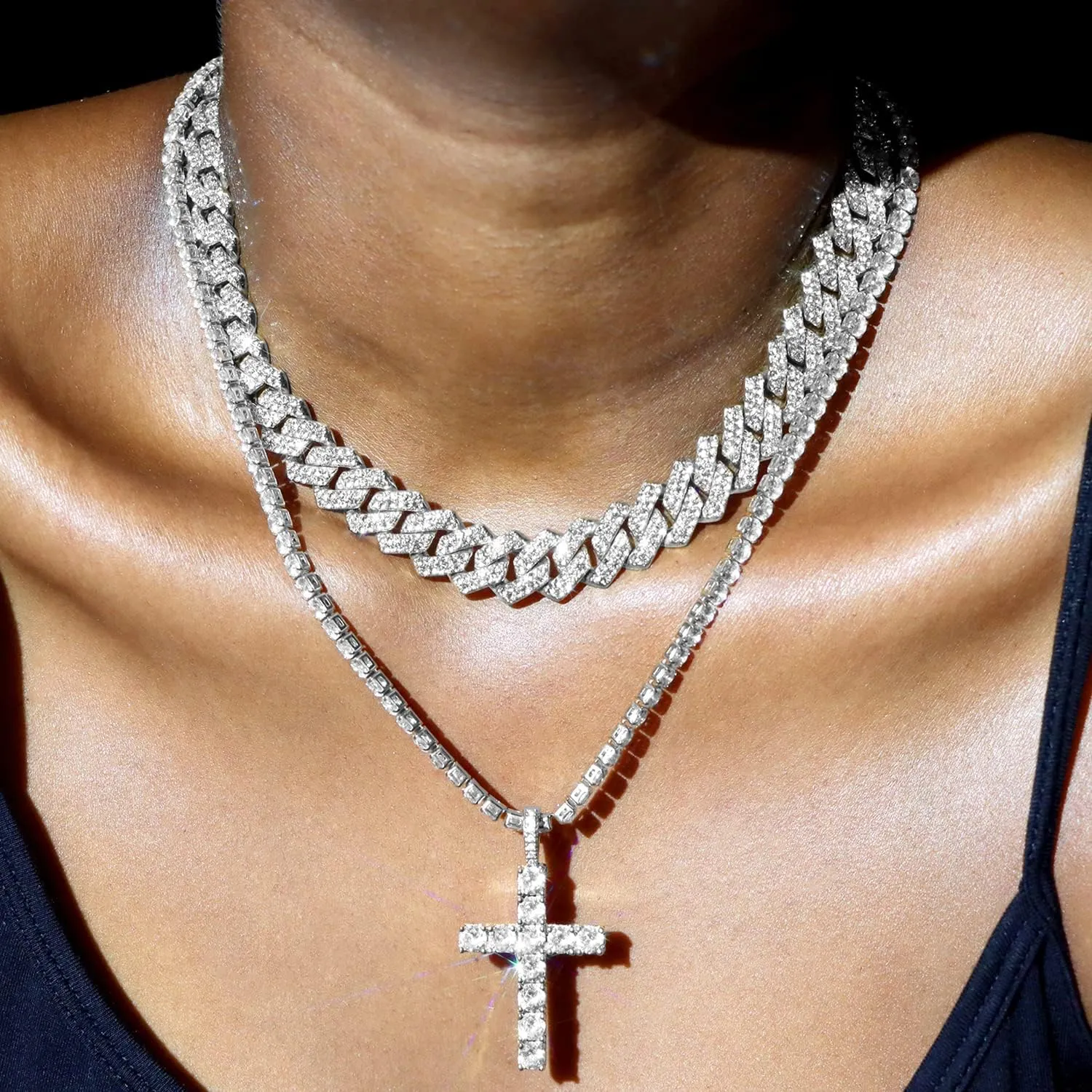 Cuban Link Chain for Men Women Cross Necklace for Men women Iced Chain Miami Cuban Link Chain Cross Pendant Diamond Chain for Men Religious Jewelry