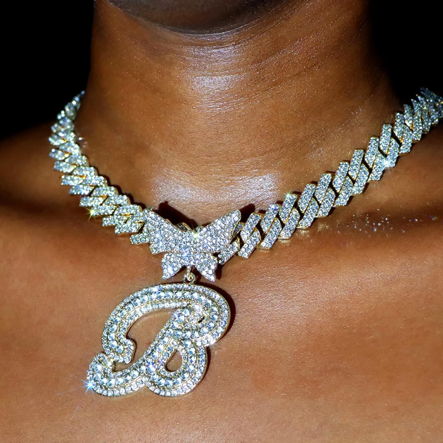 Cuban Link Chain for Women Cursive Silver Initial 14MM Diamond Prong Cuban Chain Hip Hop Iced Out Chain Necklace Butterfly Initial Letter Name Necklaces for Women