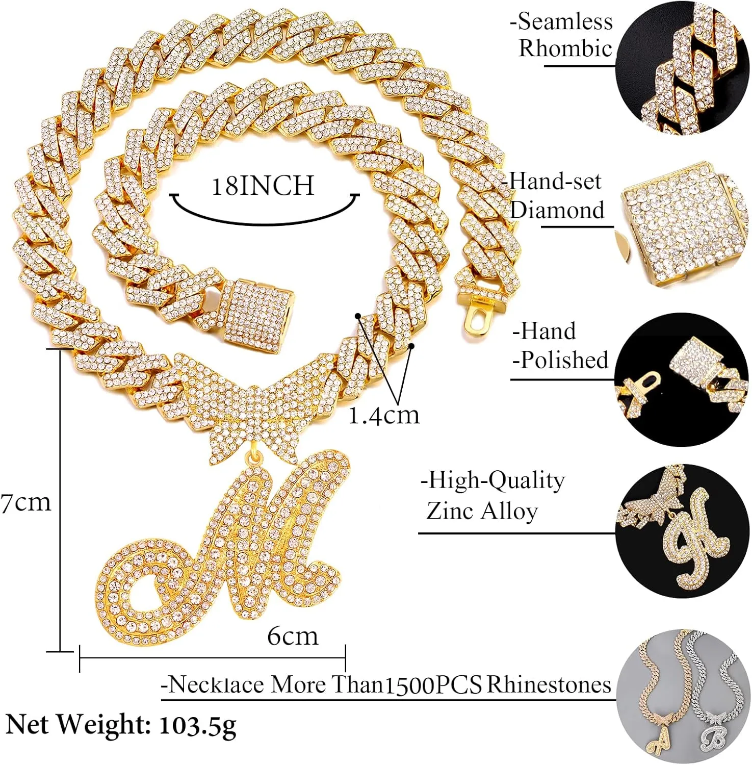 Cuban Link Chain for Women Cursive Silver Initial 14MM Diamond Prong Cuban Chain Hip Hop Iced Out Chain Necklace Butterfly Initial Letter Name Necklaces for Women
