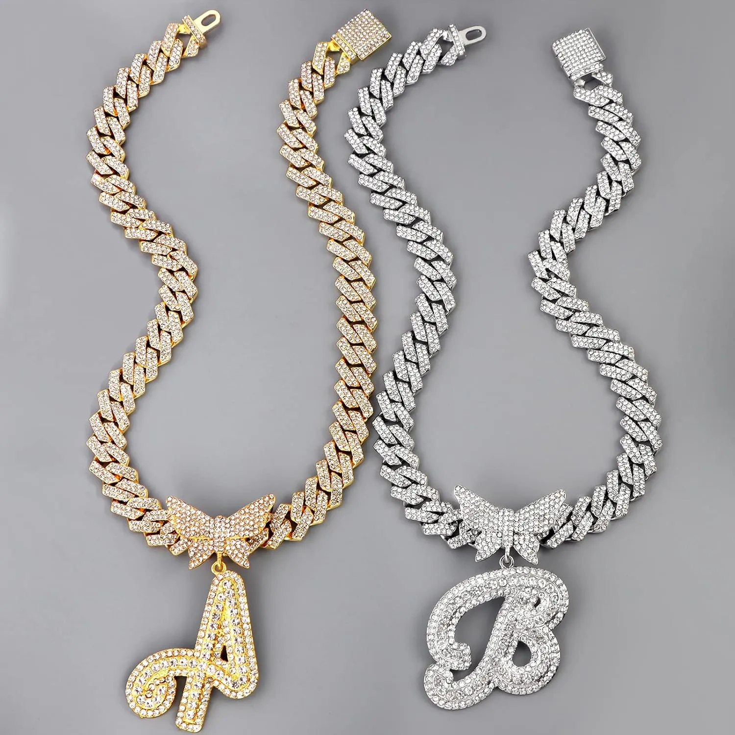 Cuban Link Chain for Women Cursive Silver Initial 14MM Diamond Prong Cuban Chain Hip Hop Iced Out Chain Necklace Butterfly Initial Letter Name Necklaces for Women