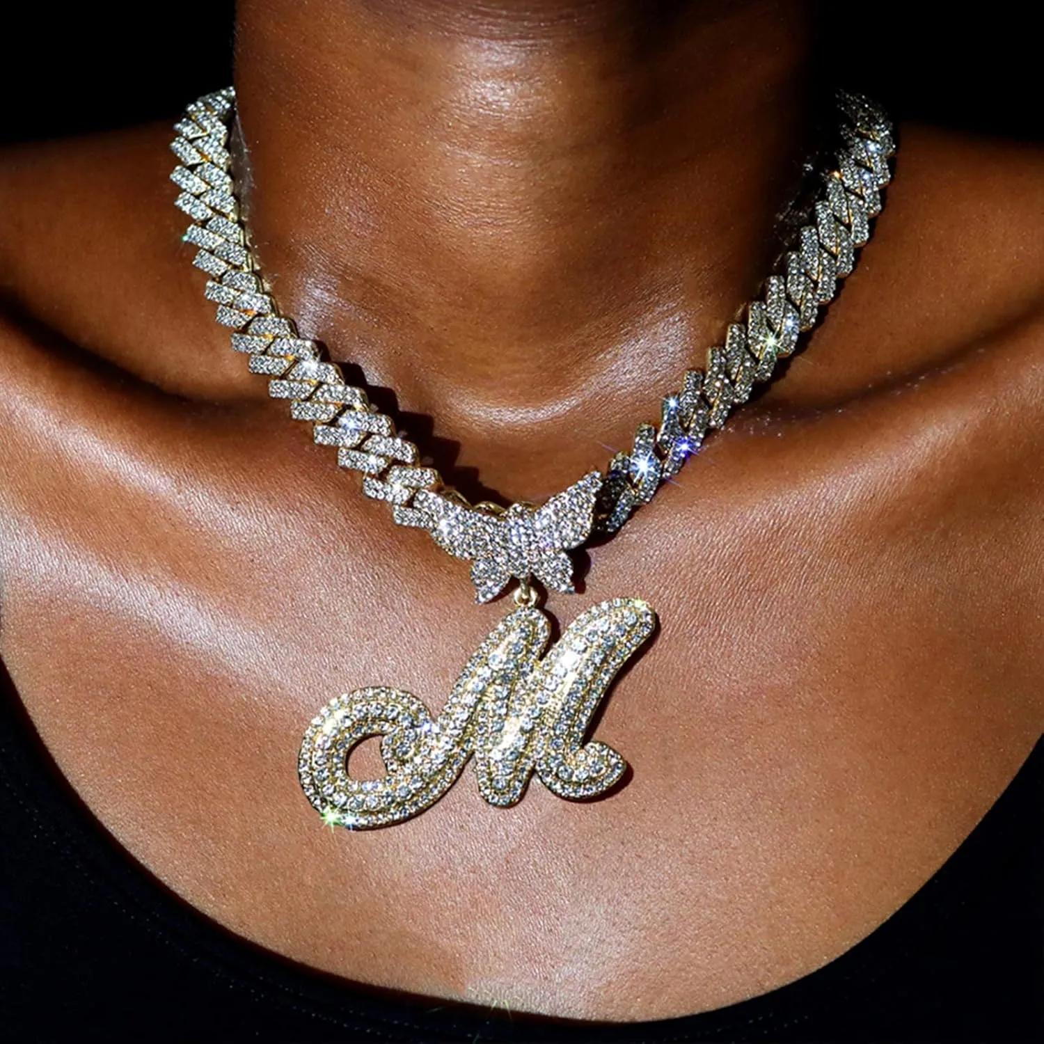 Cuban Link Chain for Women Cursive Silver Initial 14MM Diamond Prong Cuban Chain Hip Hop Iced Out Chain Necklace Butterfly Initial Letter Name Necklaces for Women